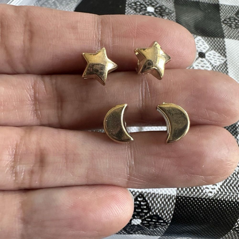 Earrings Post Stud 0.375 Inch Moon Stars Set of 2 Pair Gold Tone Metal Sky Space